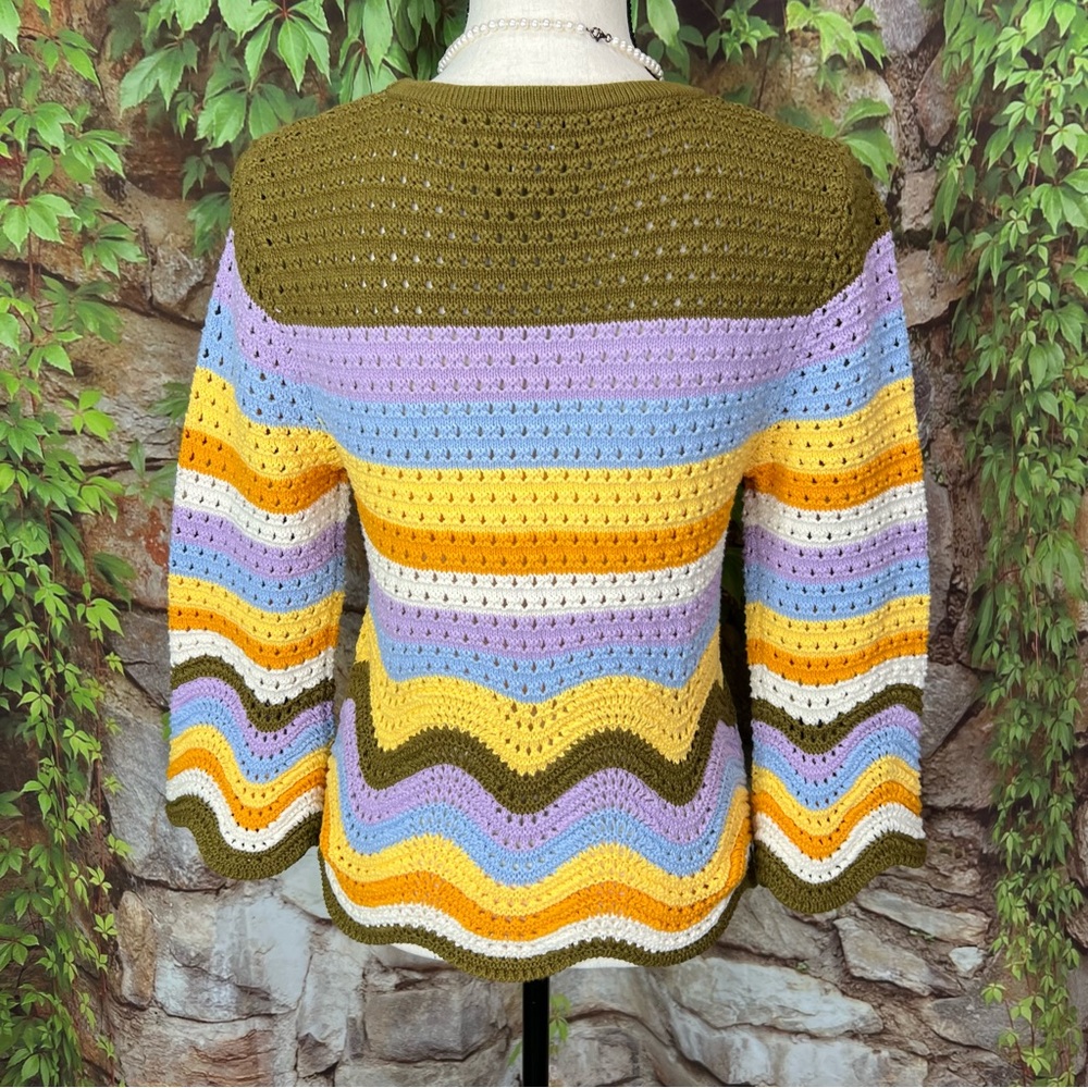 NWOT RACHEL ZOE Rainbow Chevron Stripe Scallop Hem Knit Sweater, S - Picture 6 of 10
